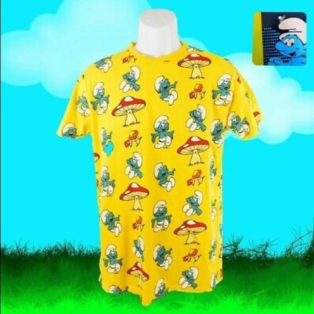 The Smurfs Yellow Mushroom 🍄 T-Shirt/Tee All Over Print, Size Small, NWT